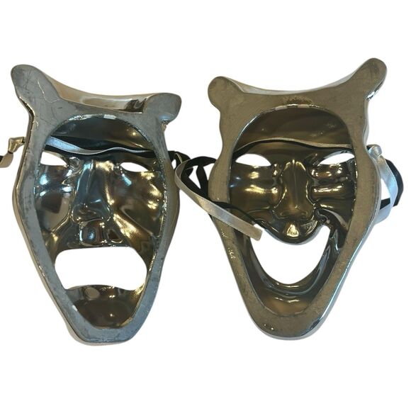 Chrome Ceramic Wall Masks Comedy Tragedy Silver Theater Art Decor Rare Pair - Picture 2 of 9